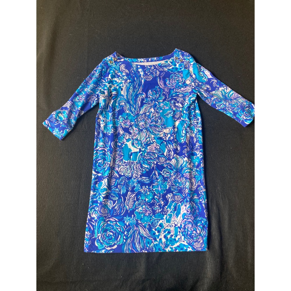 Lilly Pulitzer Blue Floral Print 3/4 Sleeve Shift Dress Size L 8-10